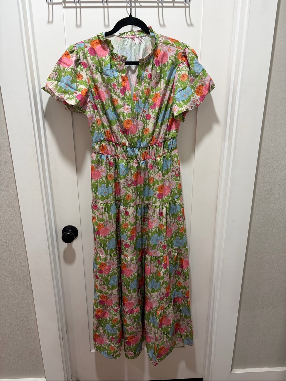 Floral Green Midi Dress with Pink & Blue Blooms